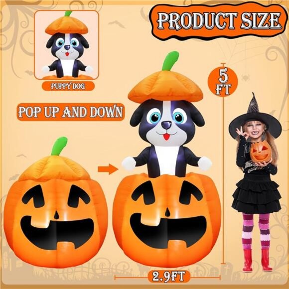 5 FT Halloween Inflatables Animated Dog On Pumpkin Outdoor Decorations Blow Up - Picture 2 of 7